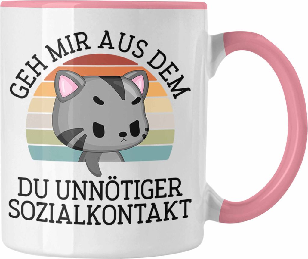 Trendation - Lustige Tasse Geh Mir Aus Dem Weg Du Unnötiger Sozialkontakt Geschenk Katze Witzige Tasse für Frauen Männer (Rosa)