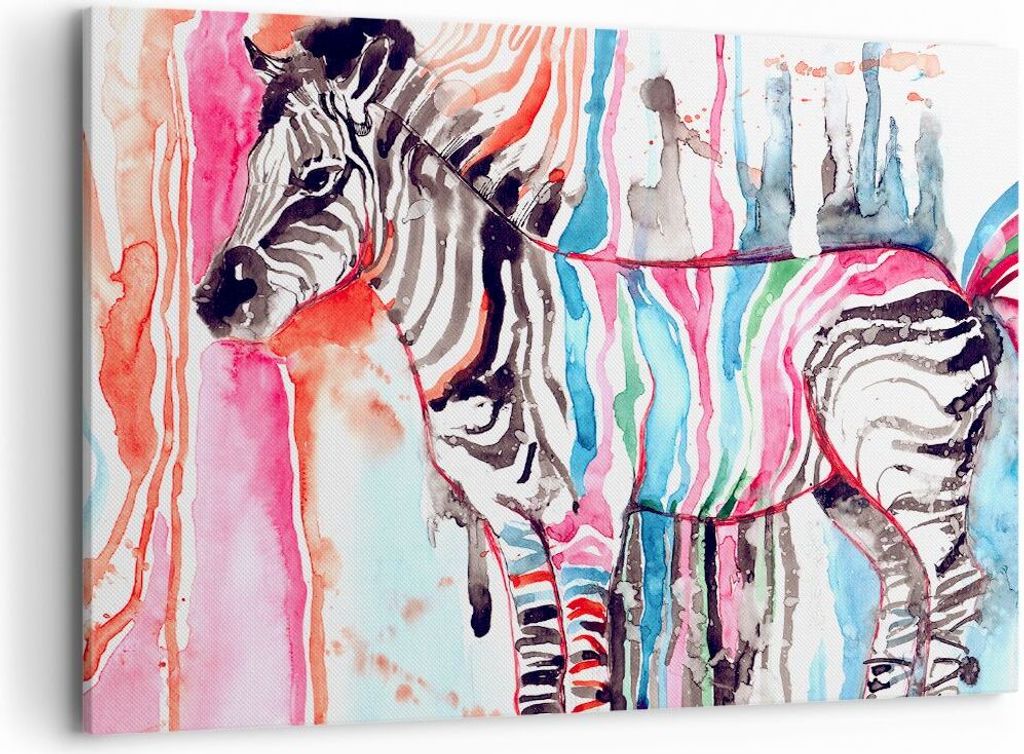 Bild auf Leinwand - Leinwandbild - Zebra Tiere Natur bunte - 120x80cm - Wand Bild - Wanddeko - Leinwanddruck - Bilder - Kunstdruck - Wanddekoration...