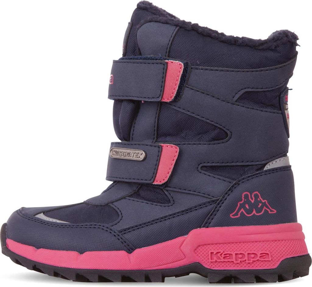 A single navy and pink Kappa winter boot for children is shown against a white background.