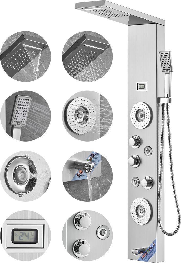 SucceBuy-Duschpaneelsystem, 6 Duschmodi, LED- und Produktbild 