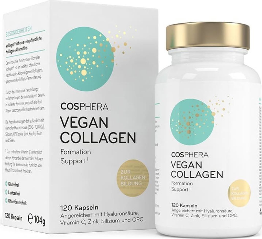 Cosphera Vegan Collagen Formation Support | 120 Kapseln | mit allen Aminosäuren zur Bildung von Kollagen | vegan