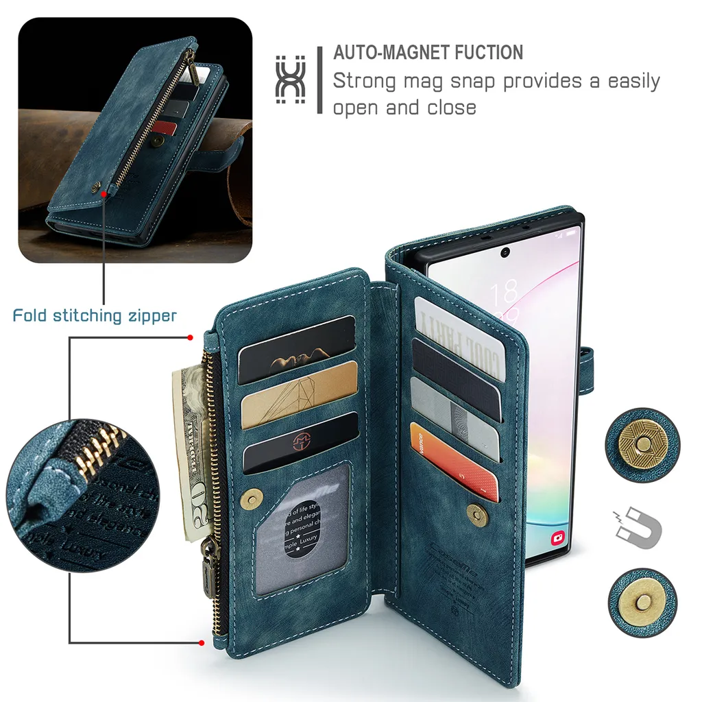 Galaxy Note 10+ Plus custodia per cellulare, chiusura a zip custodia in Finto cuoio flip cover chiusura magnetica porta carte funzione stand portafoglio custodia protettiva per Samsung Galaxy Note 10 Plus / Note 10+ Blu - 3