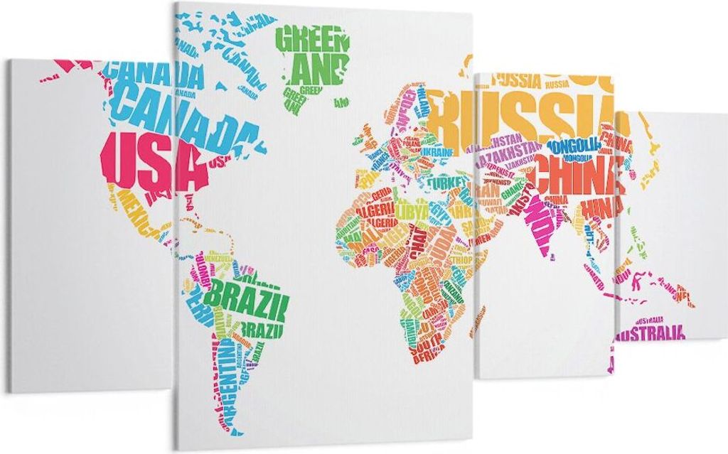Bild auf Leinwand - Leinwandbild - Karte Worte Welt Geographie - 160x90cm - Wand Bild - Wanddeko - Leinwanddruck - Bilder - Kunstdruck - Wanddekora...