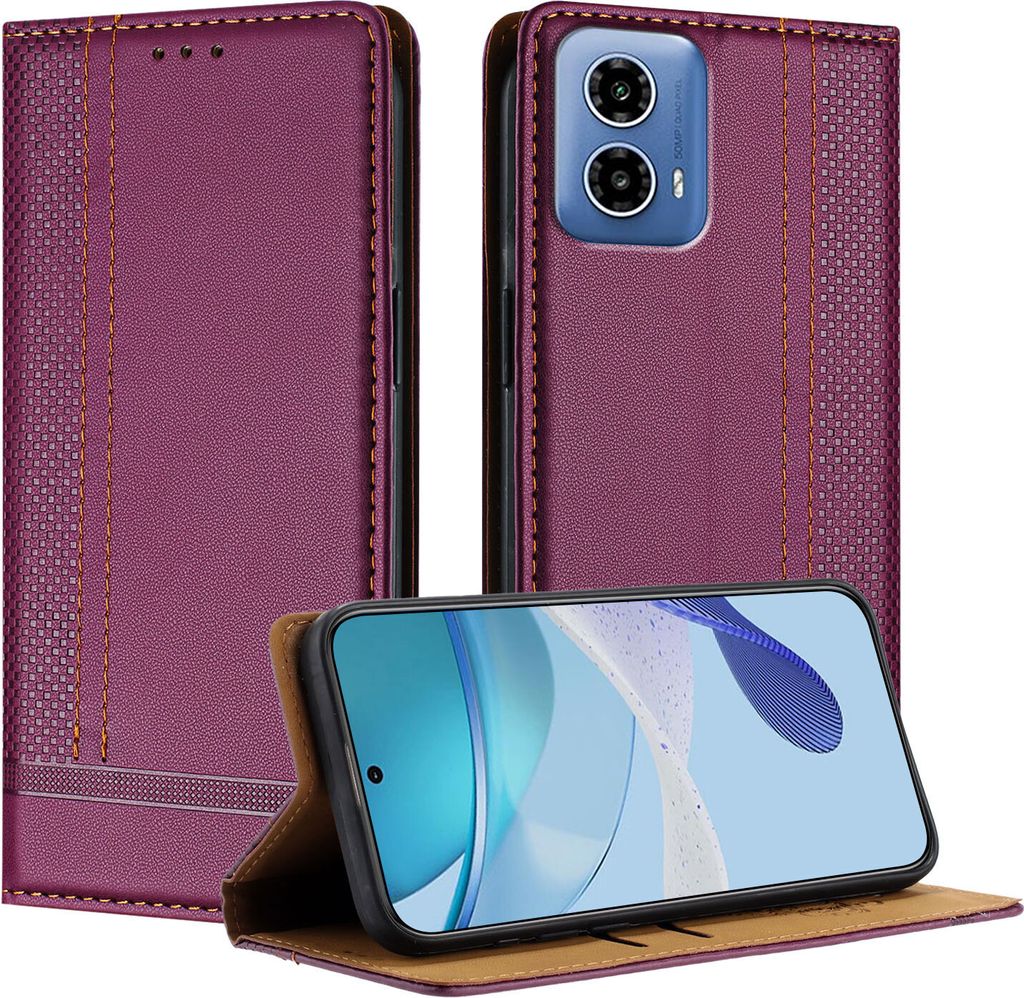Handyhülle für Motorola Moto G34 Leder Flip Klappbare Schutzhülle mit Standfunktion Lila