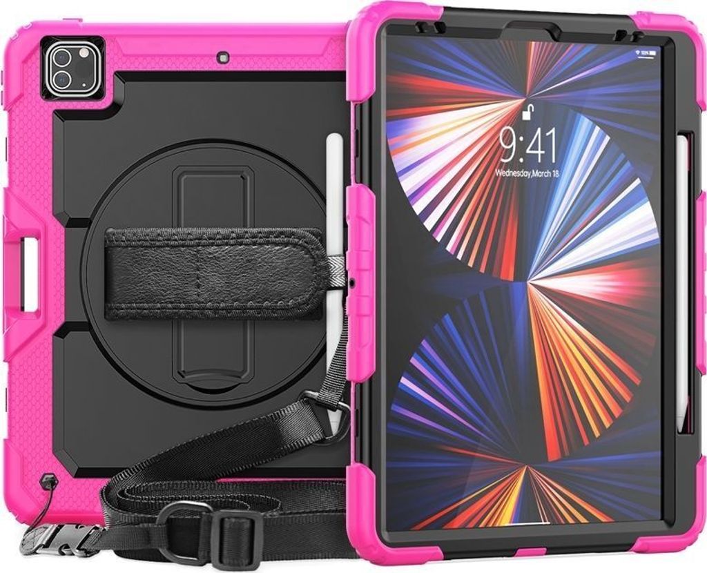 Mobigear SureGrip Xtreme iPad Pro 12.9 Zoll (2021) Hülle Kunststoff,Silikon Backcover + Stifthalter + Schulterträger + Ständer - Schwarz / Pink