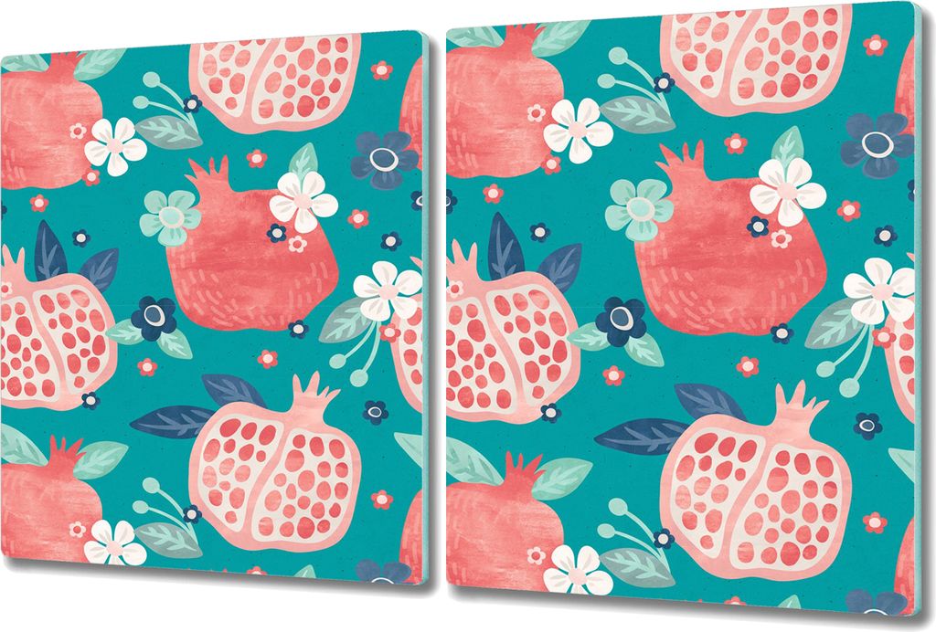 Glas-Herdabdeckplatte Glaskeramikkochfeld-Abdeckung Spritzschutz - 2x 40x52 cm - Bemalte Granatapfel