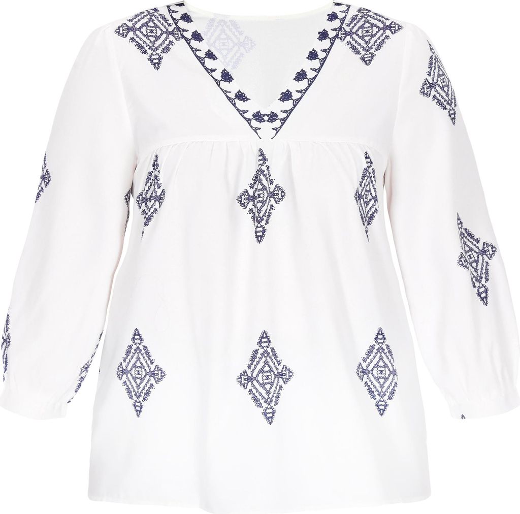 Damen Bluse Weiß XL Große Größen V-Ausschnitt 3/4-Ärmel Boho-Print