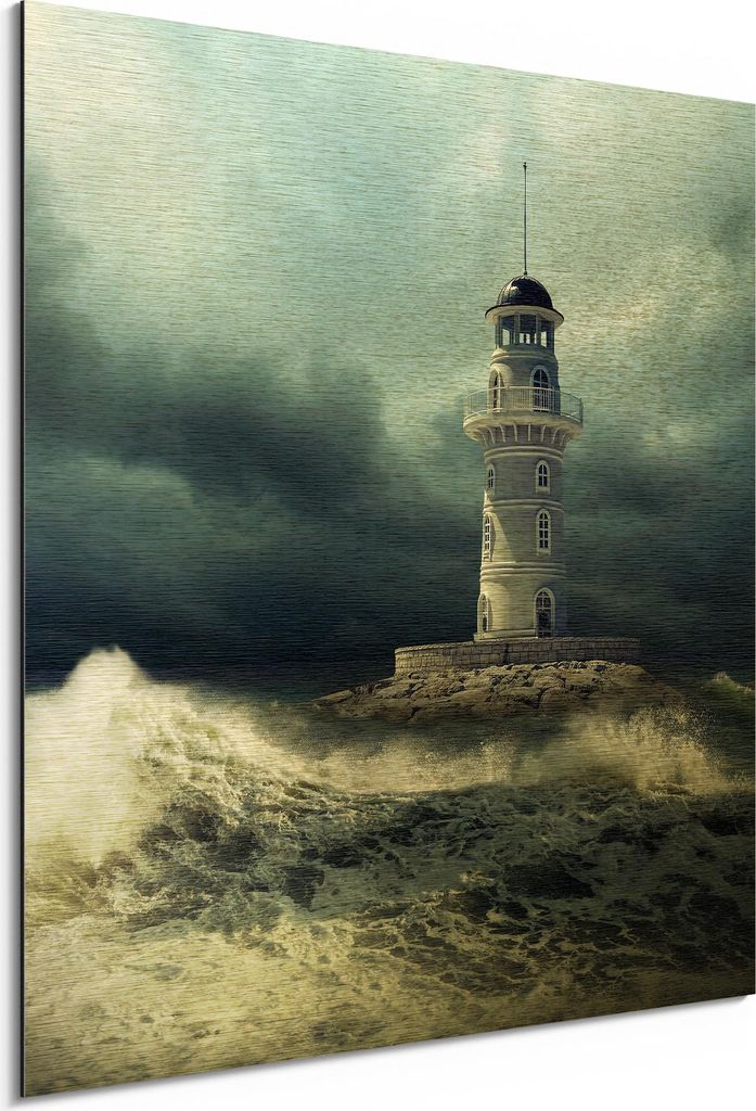 DEQORI Alu-Dibond Bild Gold 50x50 cm 'Leuchtturm im Sturm' Wandbild Metall dünn Design