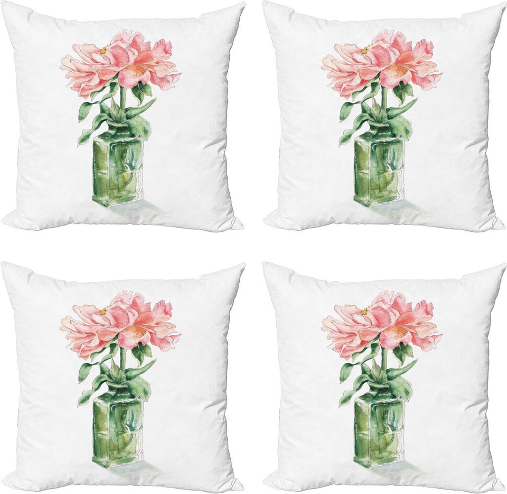 ABAKUHAUS Blumen Kissenbezug Set (4 Stück), Rosen-Blumen-Zeichnung in Vase, Moderner Doppelseitiger Digitaldruck, 60 cm x 60 cm, Rosa Jägergrün