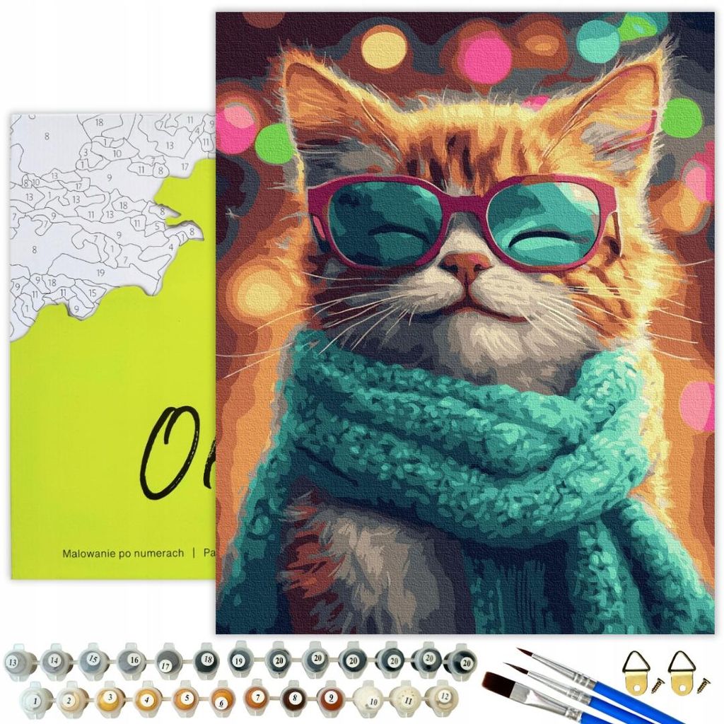 Oh Art! Malen nach Zahlen Set Tiere Katz 40x50 cm Leinwand mit Rahmen, 28 Acrylfarben, 3 Pinsel, DIY für Kinder & Erwachsene - „Cooler Kater im ...
