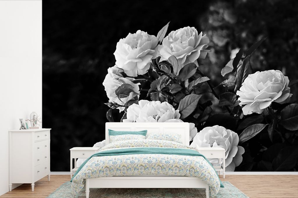 MuchoWow Fototapete für Wohnzimmer oder Schlafzimmer Wandtapete Vinyl Motivtapete Blumen - Schwarz und Weiß - Natur - Pflanzen - Rosen - 600x40...