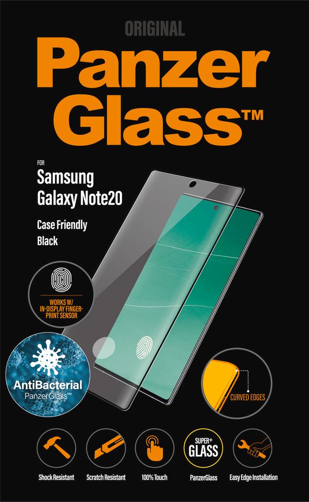 Packaging for a PanzerGlass screen protector for Samsung Galaxy Note 20.