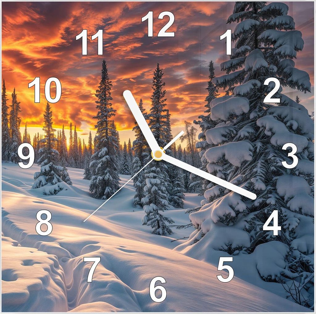 Wanduhr aus Glas mit Motiv Winter Sonnenuntergang- 30 x 30 cm - inkl. Aufhängesystem