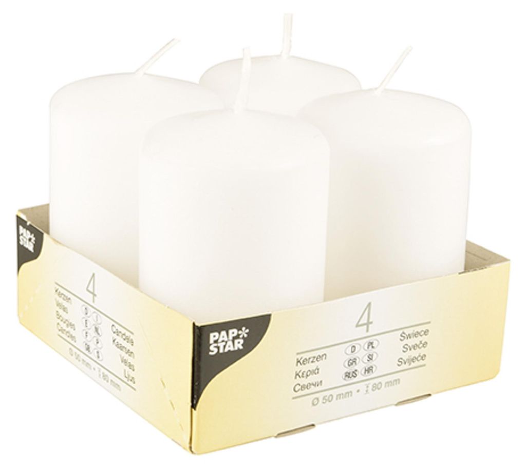 Papstar 10483 Cylinder White 4 Pieces ? Candle 80 Mm, 5 Cm, Produktbild 