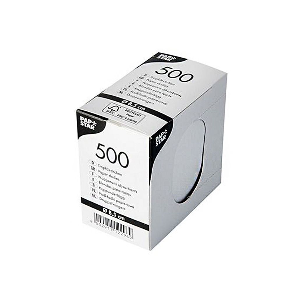 A white cardboard box with a circular opening on the side, displaying a product inside.