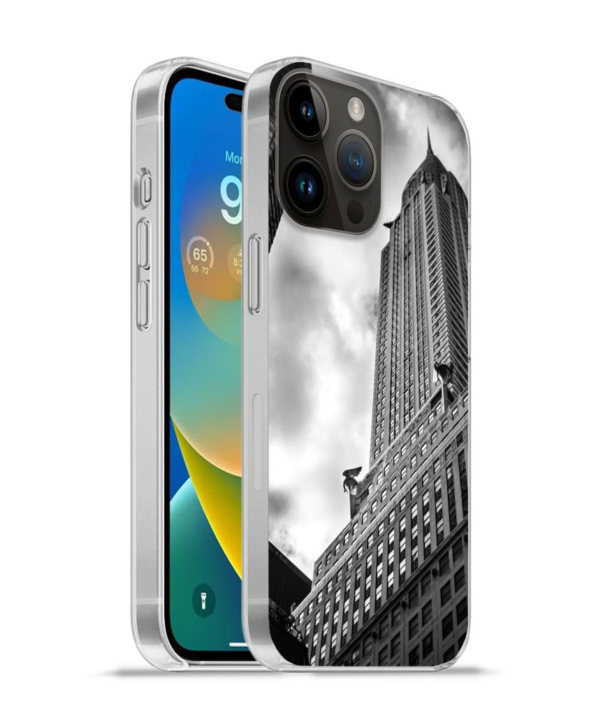 MuchoWow Handyhülle Schutzhülle Hülle für Apple iPhone 14 Pro - Softcase Chrysler Building in New York von unten nach oben in Schwarz-Weiß S...