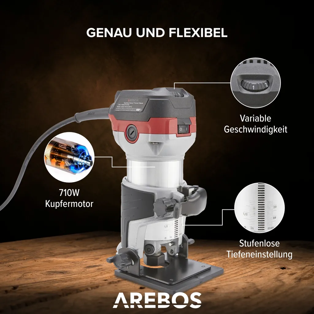 Défonceuse Affleureuse AREBOS 710W : combiné bois polyvalent 6 rapports