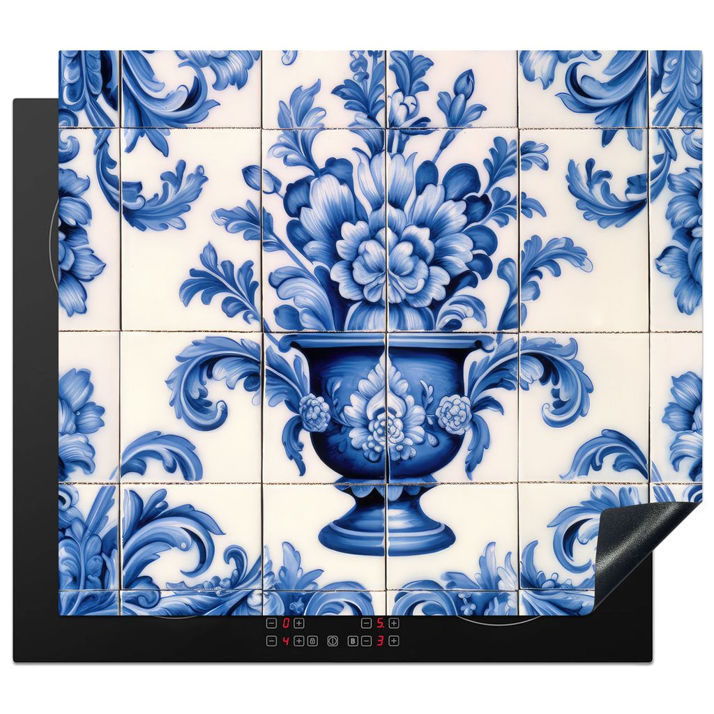 KitchenYeah Herdabdeckplatte Blumen - Vase - Delfter Blau - Niederlande - Niederländisch , 59x52cm, Küche Deko, Glaskeramikkochfeld Herdabdecku...