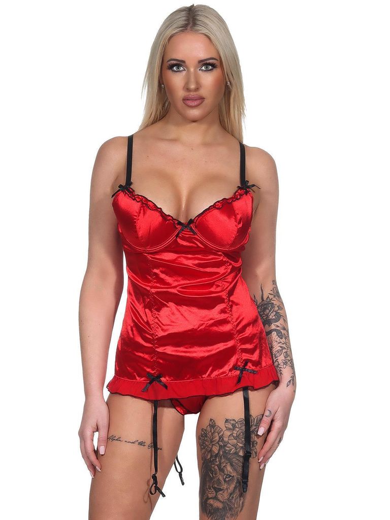 Damen kurzes Negligé mit Cups Nachtkleid Spitze mit String; Rot/40