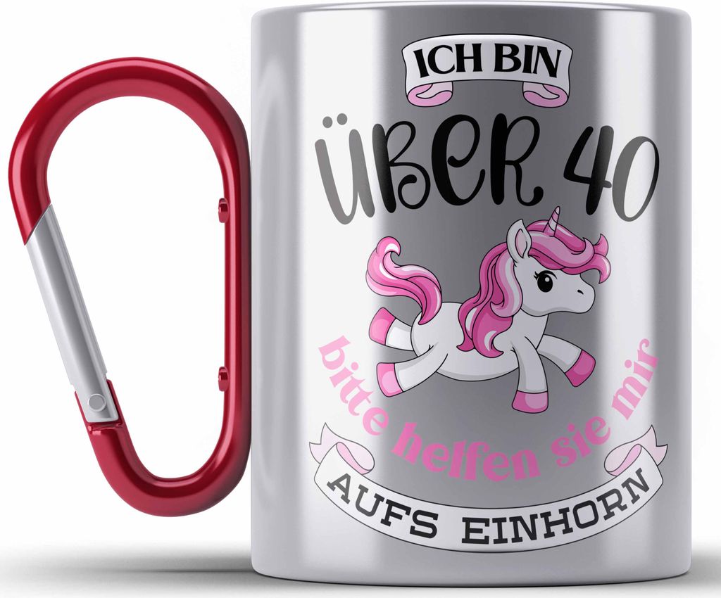 Trendation - 40 Geburtstag Frauen Edelstahl Tasse Karabiner Einhorn Geschenk Mutter 40er Geschenkideen Edelstahl Tasse Karabiner (Rot)