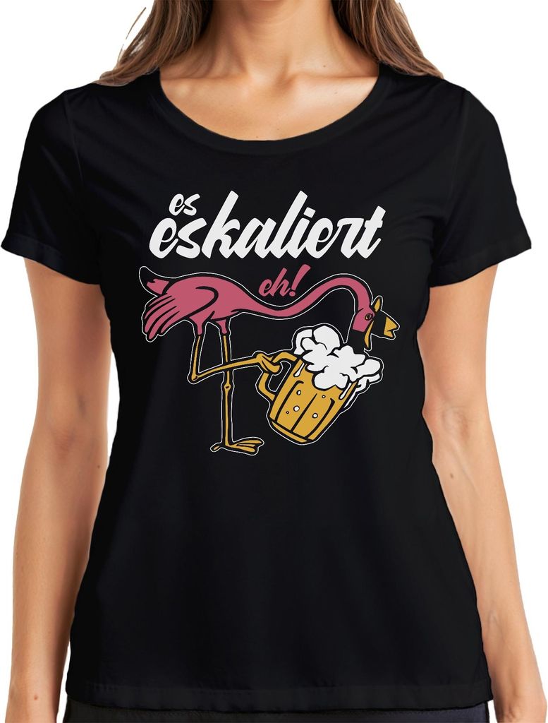 es eskaliert eh Flamingo Biergenuss Strandparty Saufen Mallorca Damen T-Shirt, Schwarz, M