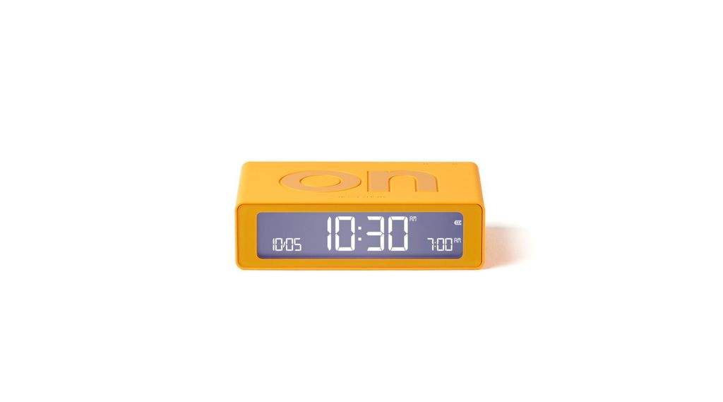 A yellow digital alarm clock is shown against a white background.