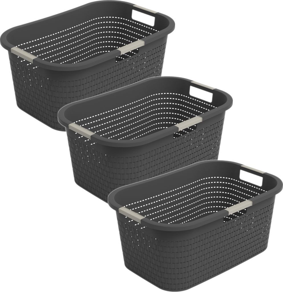 Rotho 3er-Set Wäschekorb 40L Country - Wäschesammler groß - Wäsche Korb 59 x 39 x 25,2 cm - Wäschebox aus Kunststoff - Aufbewahrungskorb Behä...