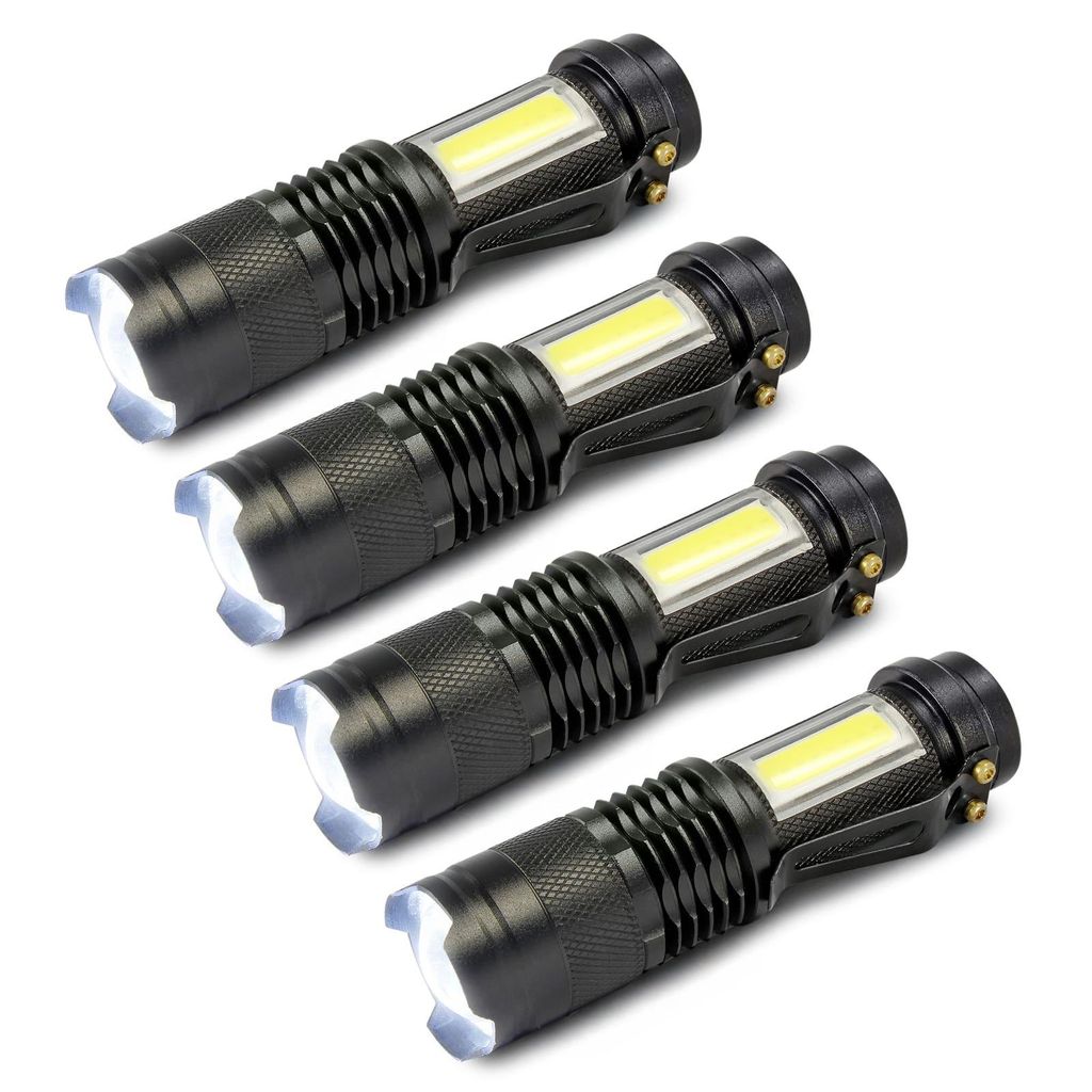 Mini LED-Taschenlampen Glow-Max 4er-Set, mit 2 Lichtquellen, XPE mit Zoom und COB-Seitenlicht, 3 Lichtmodi, wiederaufladbarer Akku, USB