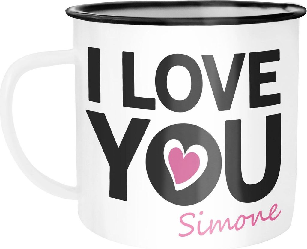 Emaille-Tasse Becher mit anpassbarem Namen und I love you Aufdruck Herz personalisierte Geschenke Liebesgeschenk Jahrestag SpecialMe weiß-schwar...