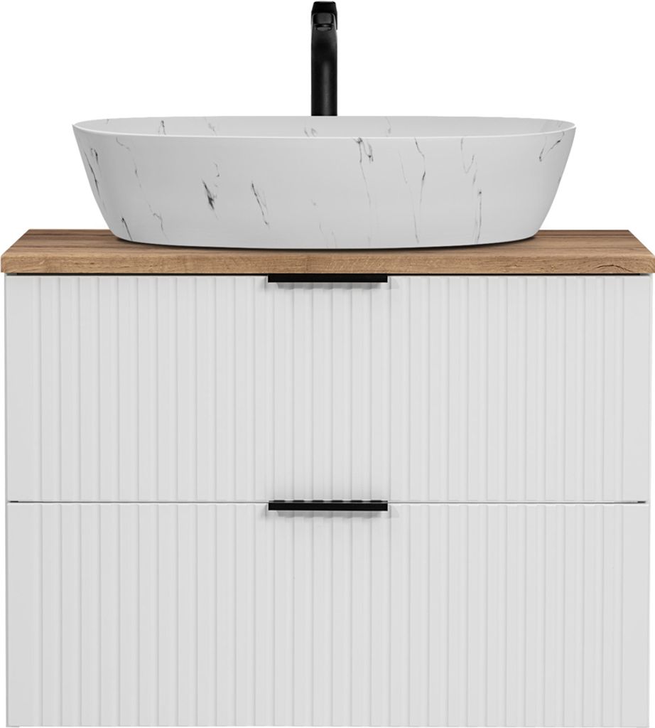 Waschtisch 80cm mit marmoriertem Aufsatzbecken, weiß mit Eiche Nb., Front gerillt, ADELAIDE-56-WHITE