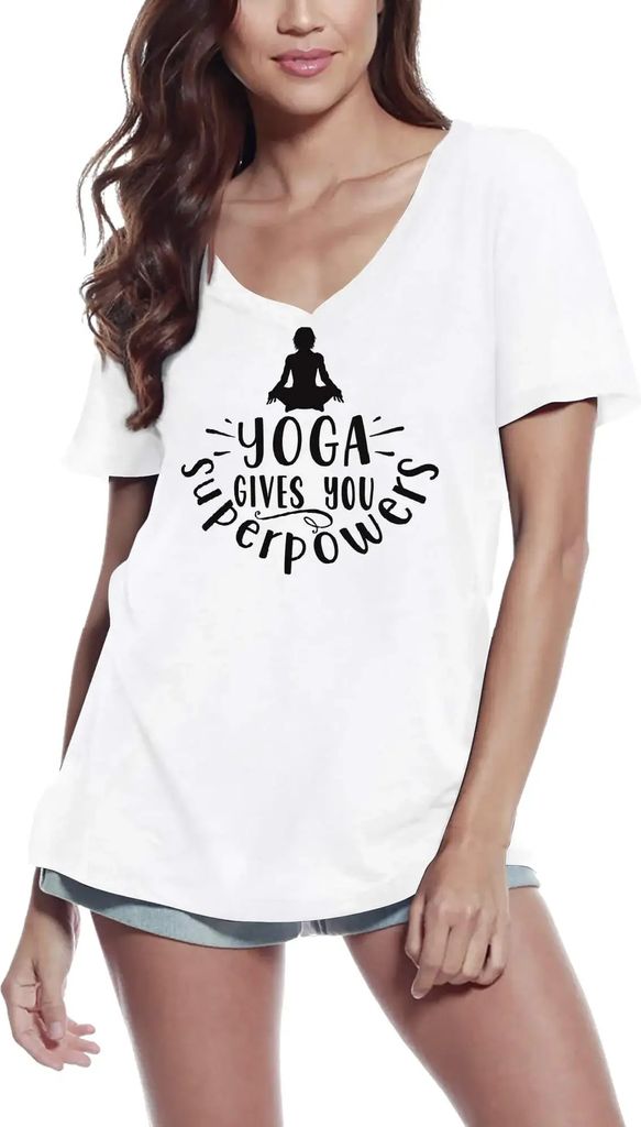 Damen Grafik T-Shirt V-Ausschnitt Yoga verleiht Ihnen Superkräfte – Yoga Gives You Superpowers – Öko-Verantwortlich Vintage Jahrgang Kurzarm ...