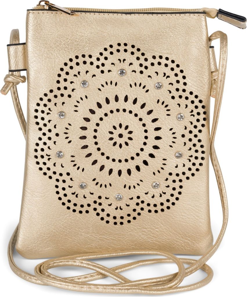styleBREAKER Damen Mini Umhängetasche mit Blumen Lasercut Cutout Muster und Strass | kleine Crossbody Bag Schultertasche Handytasche 14,5 x 19 cm