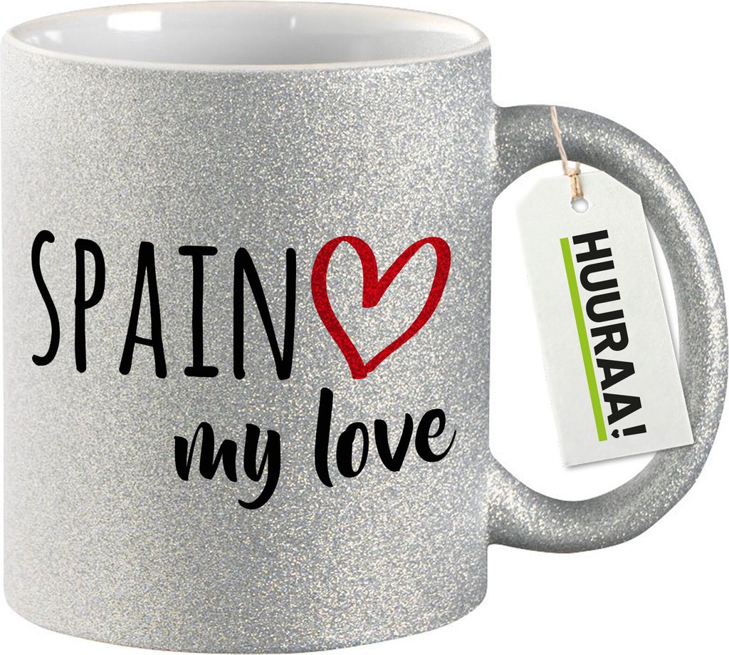 Huuraa Glitzertasse Spain my love 330ml Silber Keramik Kaffeebecher Geschenkidee