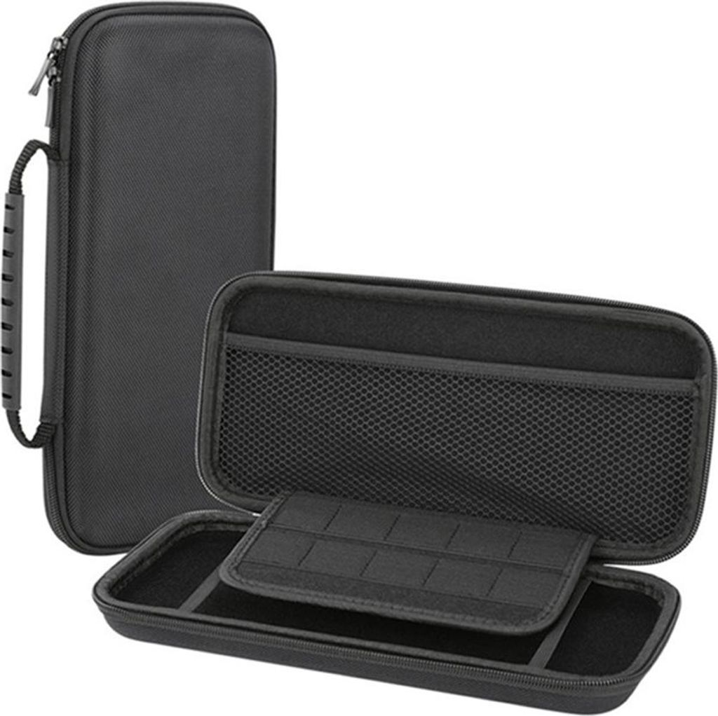 A black protective case for a Nintendo Switch console is shown open and closed against a white background.
