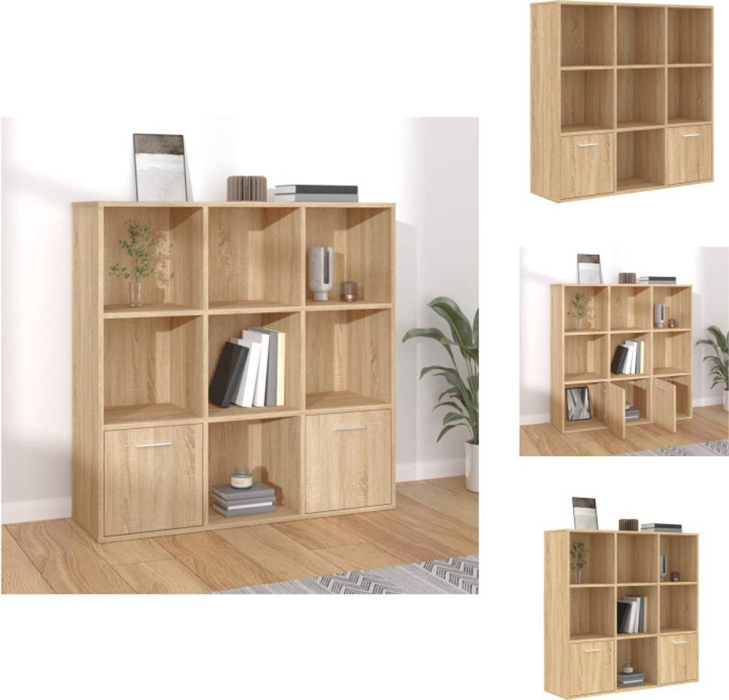 A collage of images showing a wooden cube shelf unit from different angles and with some doors open.