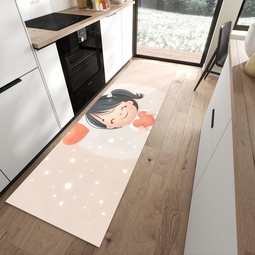 Küchenteppich 80x280cm rutschfest & abwischbar PVC Läufer - Herziges Maedchen Herz