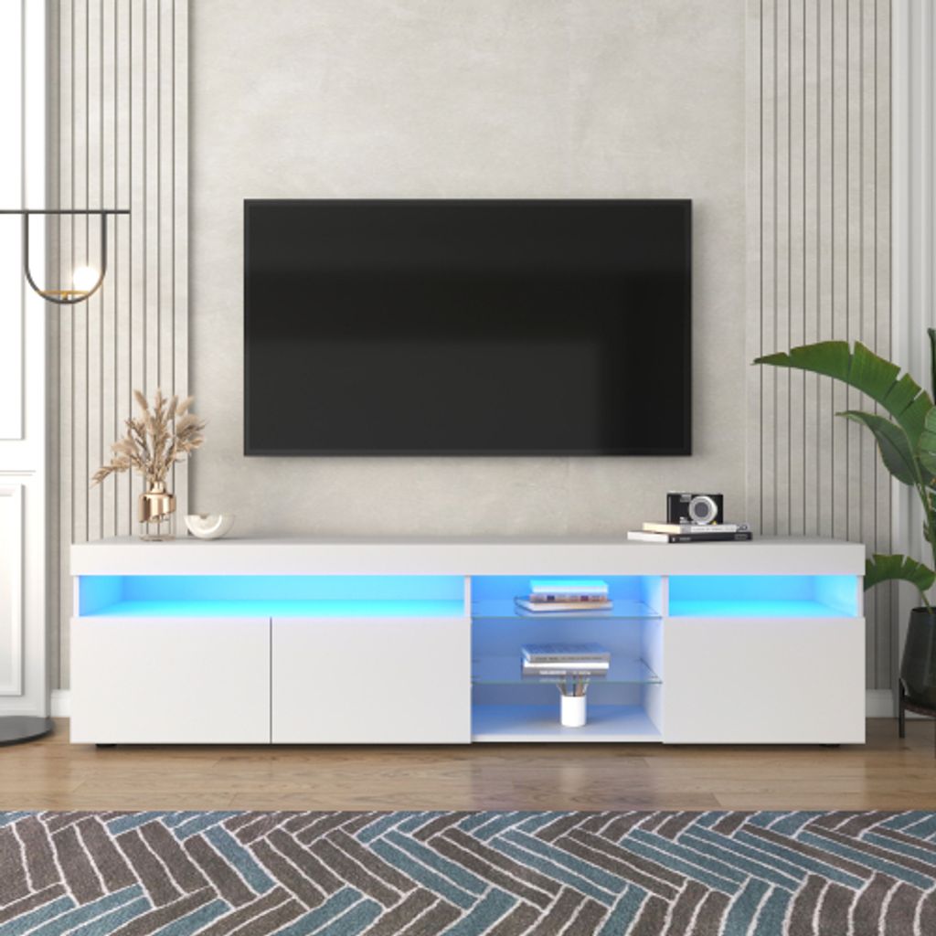 ProximaX Fernsehtisch weiß, modernes Design, helles Panel, dimmbare LED-Beleuchtung, für Wohn- und Esszimmer, Größe 180cm