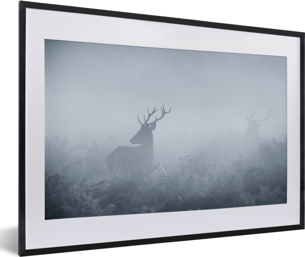 MuchoWow Gerahmtes Poster Hirsche - Nebel - Wald 60x40 cm - Poster mit Schwarzem Bilderrahmen Wandposter Rahmen Foto Bilder - Schlafzimmer - Plak...