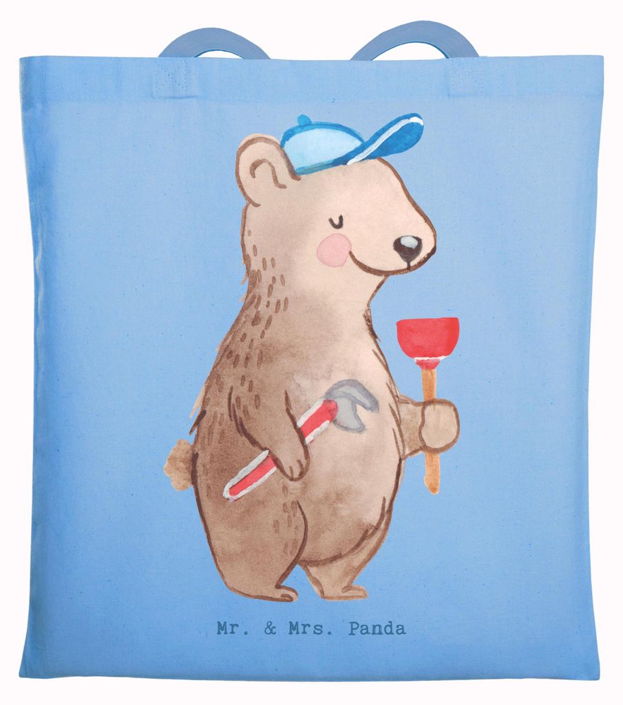 Mr. & Mrs. Panda Tote Bag Klempner Herz - Sky Blue - Geschenk, Meister, Uni Tasche, Shopping, Jutebeutel, Installateur, Laptoptasche, Handwerker, E...