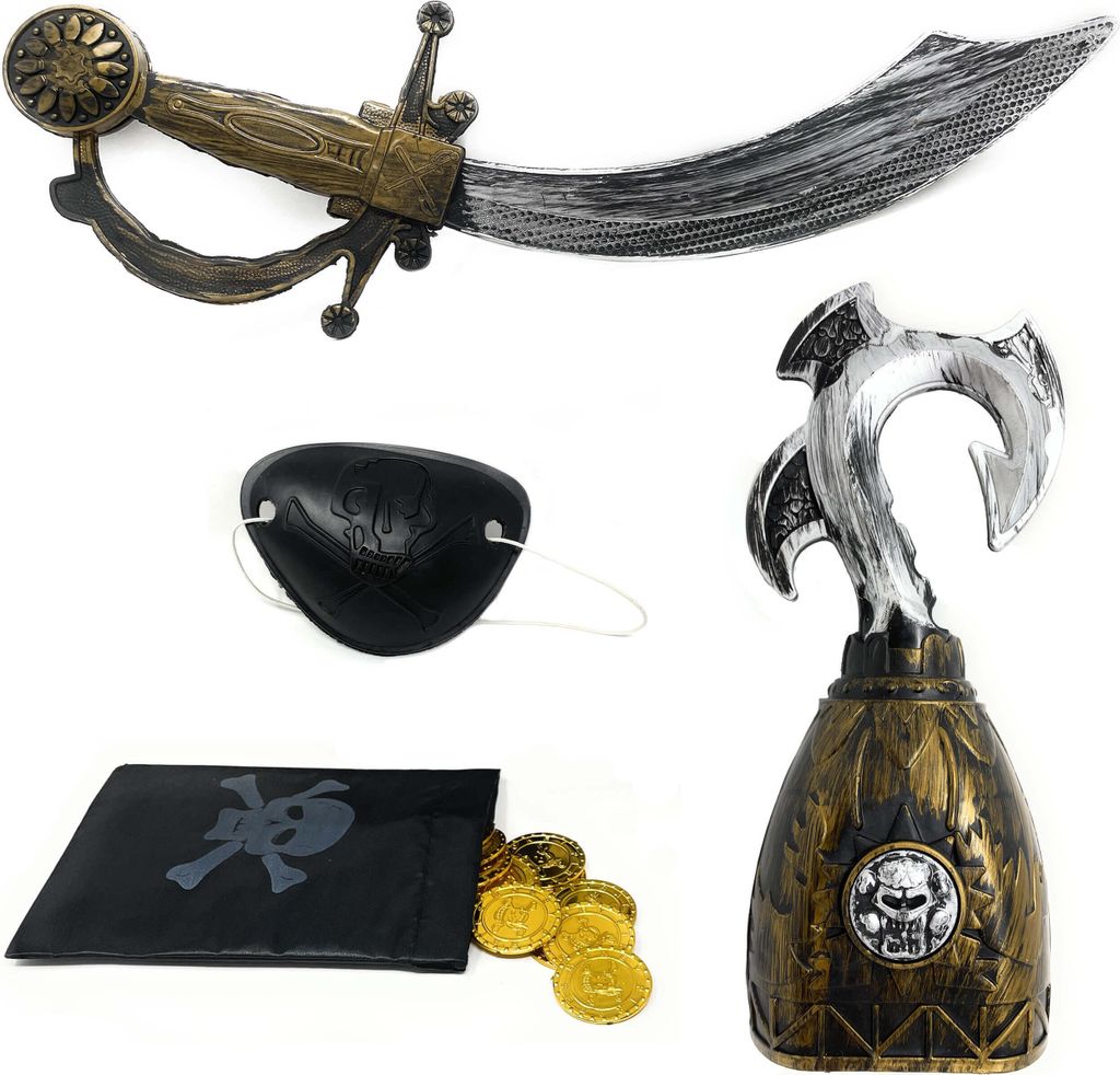 Kinder Piratenzubehör Set 5 teilig - Pirat Zubehör mit Schwert, Haken, Augenklappe, Münzen, Beutel | Für Piratenkostüm Karneval Fasching Motto...