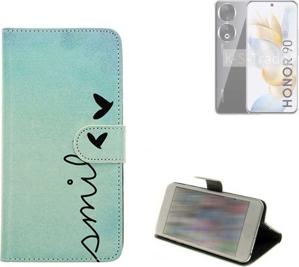 K-S-Trade Schutz Hülle Handy Hülle kompatibel mit Honor 90 Hülle Handyhülle cover bookstyle Etui Handyhülle “smile“ türkis Standfunktion