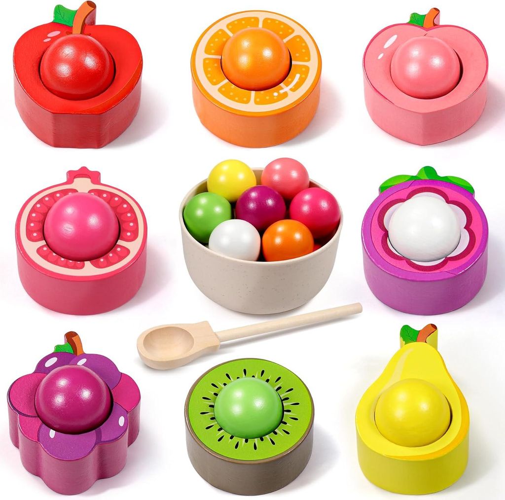 Montessori Spielzeug ab 1 2 3 Jahr, Baby Motorikspielzeug Obst Holzspielzeug für Farbsortierung und Zählen, Geschenk für Mädchen Jungen