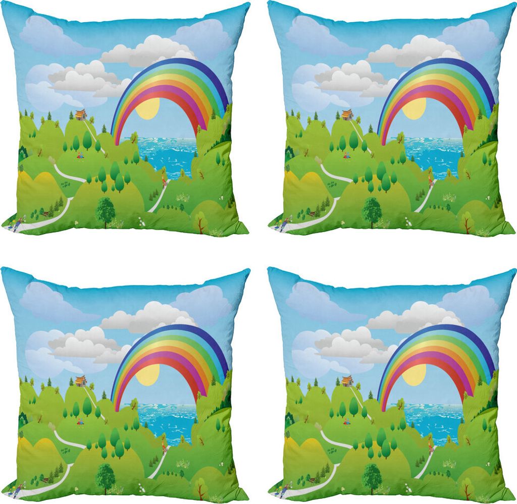 ABAKUHAUS Gnom Kissenbezug Set (4 Stück), Landschaft mit Regenbogen Wolken, Moderner Doppelseitiger Digitaldruck, 45 cm x 45 cm, Mehrfarbig