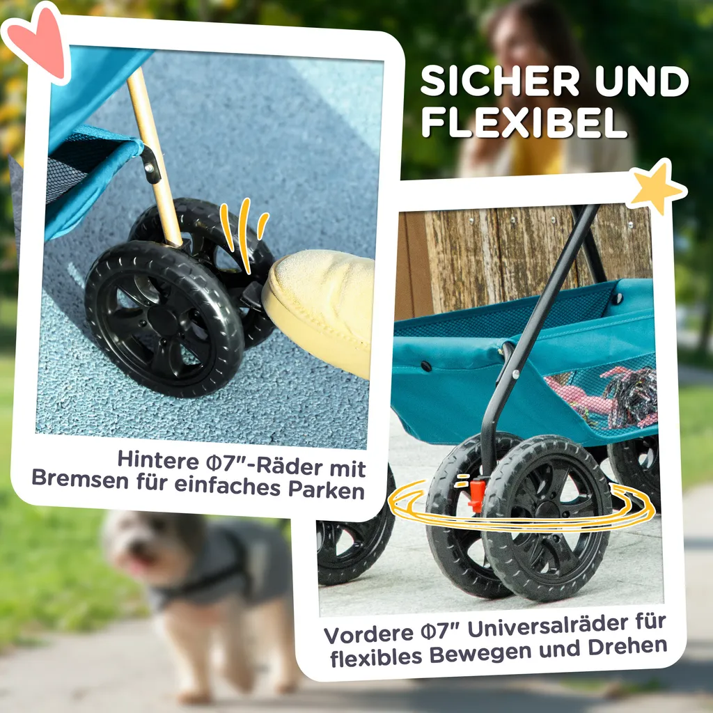 PawHut passeggino per cani 3 in 1 box per cani pieghevole, borsa da trasporto pieghevole con portabicchieri, passeggino per cani, passeggino per gatti con ruote a 360° passeggino per gatti per mini cani sotto i 4 kg, turchese - 7