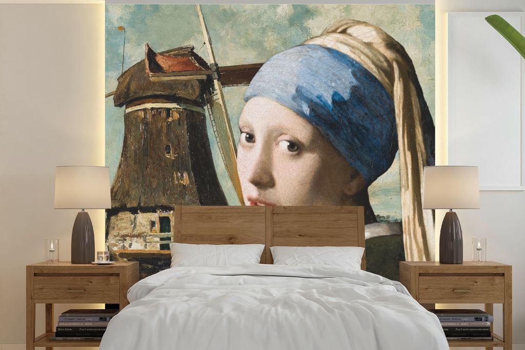 MuchoWow Fototapete für Wohnzimmer oder Schlafzimmer Wandtapete Vinyl Motivtapete Das Mädchen mit dem Perlenohrring - Vermeer - Windmühle - 26...