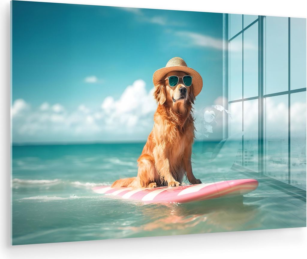 MuchoWow Glasbilder - Bilder auf Wandbild - Foto auf Glas Meerwasser - Hund - Golden Retriever - Sonnenbrille 120x80 cm Wanddekoration aus Glas - A...