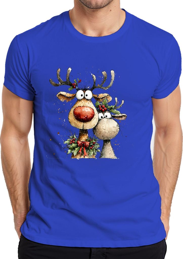 Lustige Rentiere Rotnase Weihnachten Geschenk Aquarell Niedlich Herren T-Shirt, Blau, 3XL