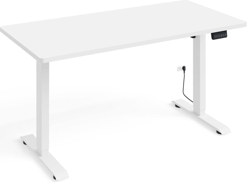 A white adjustable standing desk on a white background.
