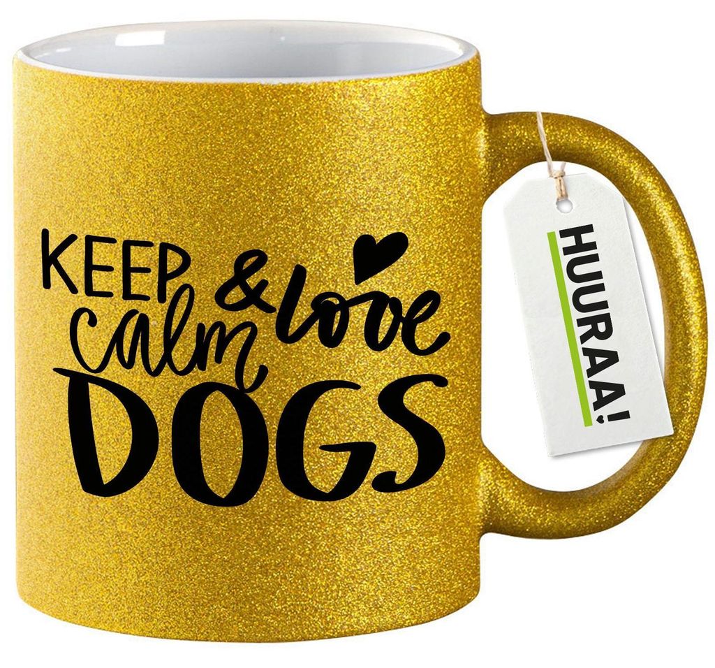 Huuraa Glitzertasse Keep calm and love Dogs 330ml Gold Keramik Kaffeebecher Geschenkidee