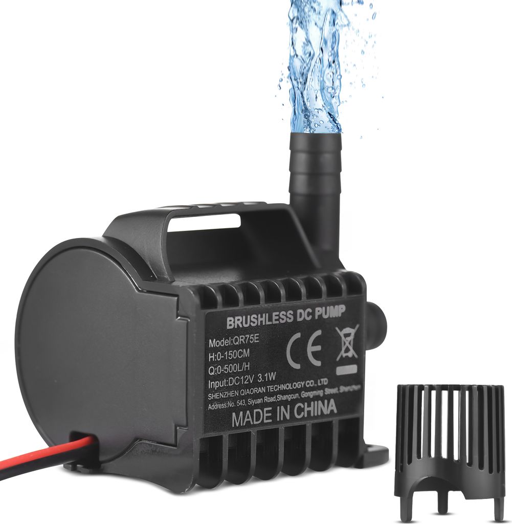 Tauchfaehige 12-V-Wasserpumpe, elektrisch, 500 l/h, kleine Springbrunnenpumpe mit max. 1,4 m Hubhoehe, 50 cm Kabel und Saugnapfsockel, tragbare Min...